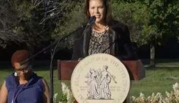 A screen shot of Michigan Governor Gretchen Whitmer speaking to those gathered at a memorial service in Detroit, Monday, August 31, 2020. (courtesy of the City of Detroit on Facebook)