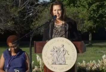 A screen shot of Michigan Governor Gretchen Whitmer speaking to those gathered at a memorial service in Detroit, Monday, August 31, 2020. (courtesy of the City of Detroit on Facebook)