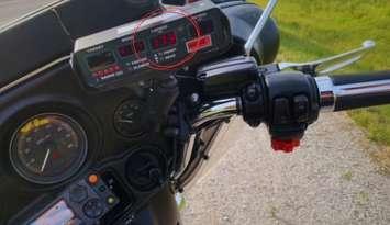 A radar device on an OPP patrol motorcycle reads 173 kilometres per hour in Kingsville, July 22, 2024. Photo courtesy Ontario Provincial Police.