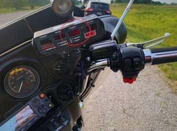 A radar device on an OPP patrol motorcycle reads 173 kilometres per hour in Kingsville, July 22, 2024. Photo courtesy Ontario Provincial Police.